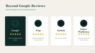Beyond Google Reviews
Review Management Across Multiple Platforms
Google
Search and Maps business
reviews
Yelp
Customer feedback and
business listings
Airbnb
Guest and host reviews
Other
Platforms
Industry directories and
review websites
07
 