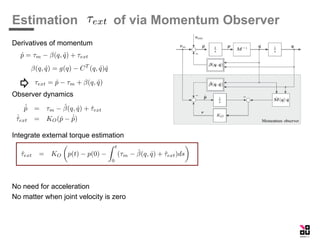 Estimation of via Momentum Observer
Derivatives of momentum
Observer dynamics
Integrate external torque estimation
No need for acceleration
No matter when joint velocity is zero
 