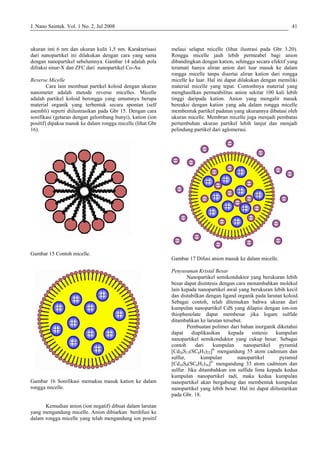 J. Nano Saintek. Vol. 1 No. 2, Jul 2008 41
ukuran inti 6 nm dan ukuran kulit 1,5 nm. Karakterisasi
dari nanopartikel ini dilakukan dengan cara yang sama
dengan nanopartikel sebelumnya. Gambar 14 adalah pola
difraksi sinar-X dan ZFC dari nanopartikel Co-Au
Reverse Micelle
Cara lain membuat partikel koloid dengan ukuran
nanometer adalah metode reverse micelles. Micelle
adalah partikel koloid berongga yang umumnya berupa
material organik yang terbentuk secara spontan (self
asembli) seperti diilustrasikan pada Gbr 15. Dengan cara
sonifikasi (getaran dengan gelombang bunyi), kation (ion
positif) dipaksa masuk ke dalam rongga micelle (lihat Gbr
16).
Gambar 15 Contoh micelle.
Gambar 16 Sonifikasi memaksa masuk kation ke dalam
rongga micelle.
Kemudian anion (ion negatif) dibuat dalam larutan
yang mengandung micelle. Anion dibiarkan berdifusi ke
dalam rongga micelle yang telah mengandung ion positif
melaui selaput micelle (lihat ilustrasi pada Gbr 3.20).
Rongga micelle jauh lebih permeabel bagi anion
dibandingkan dengan kation, sehingga secara efektif yang
teramati hanya aliran anion dari luar masuk ke dalam
rongga micelle tanpa disertai aliran kation dari rongga
micelle ke luar. Hal ini dapat dilakukan dengan memiliki
material micelle yang tepat. Contonhnya material yang
menghasilkan permeabilitas anion sekitar 100 kali lebih
tinggi daripada kation. Anion yang mengalir masuk
bereaksi dengan kation yang ada dalam rongga micelle
membentuk partikel padatan yang ukurannya dibatasi oleh
ukuran micelle. Membran micelle juga menjadi pembatas
pertumbuhan ukuran partikel lebih lanjut dan menjadi
pelindung partikel dari aglomerasi.
Gambar 17 Difusi anion masuk ke dalam micelle.
Penyusunan Kristal Besar
Nanopartikel semikonduktor yang berukuran lebih
besar dapat disintesis dengan cara menambahkan molekul
lain kepada nanopartikel awal yang berukuran lebih kecil
dan distabilkan dengan ligand organik pada larutan koloid.
Sebagai contoh, telah ditemukan bahwa ukuran dari
kumpulan nanopartikel CdS yang dilapisi dengan ion-ion
thiophenolate dapat membesar jika logam sulfide
ditambahkan ke larutan tersebut.
Pembuatan polimer dari bahan inorganik diketahui
dapat diaplikasikan kepada sintesis kumpulan
nanopartikel semikonduktor yang cukup besar. Sebagai
contoh dari kumpulan nanopartikel pyramid
[Cd20S13(SC6H5)22]8-
mengandung 55 atom cadmium dan
sulfur, kumpulan nanopartikel pyramid
[Cd10S4(SC6H5)16]4-
mengandung 33 atom cadmium dan
sulfur. Jika ditambahkan ion sulfida lima kepada kedua
kumpulan nanopartikel tadi, maka kedua kumpulan
nanopartikel akan bergabung dan membentuk kumpulan
nanopartikel yang lebih besar. Hal ini dapat diilustarikan
pada Gbr. 18.
 