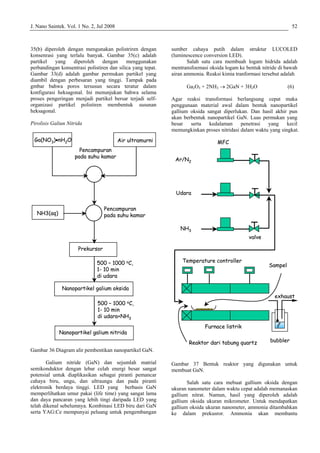 J. Nano Saintek. Vol. 1 No. 2, Jul 2008 52
35(b) diperoleh dengan mengunakan polistriren dengan
konsenrasi yang terlalu banyak. Gambar 35(c) adalah
partikel yang diperoleh dengan menggunakan
perbandingan konsentrasi polistiren dan silica yang tepat.
Gambar 33(d) adalah gambar permukan partikel yang
diambil dengan perbesaran yang tinggi. Tampak pada
gmbar bahwa poros tersusun secara teratur dalam
konfigurasi heksagonal. Ini menunjukan bahwa selama
proses pengeringan menjadi partikel bersar terjadi self-
organizasi partikel polistiren membentuk susunan
heksagonal.
Pirolisis Galiun Nitrida
Gambar 36 Diagram alir pembentikan nanopartikel GaN.
Galium nitride (GaN) dan sejumlah matrial
semikonduktor dengan lebar celah energi besar sangat
potensial untuk diaplikasikan sebagai piranti pemancar
cahaya biru, ungu, dan ultraungu dan pada piranti
elektronik berdaya tinggi. LED yang berbasis GaN
memperlihatkan umur pakai (life time) yang sangat lama
dan daya pancaran yang lebih tingi daripada LED yang
telah dikenal sebelumnya. Kombinasi LED biru dari GaN
serta YAG:Ce mempunyai peluang untuk pengembangan
sumber cahaya putih dalam struktur LUCOLED
(luminescence conversion LED).
Salah satu cara membuah logam hidrida adalah
mentransfoemasi oksida logam ke bentuk nitride di bawah
airan ammonia. Reaksi kimia tranformasi tersebut adalah
Ga2O3 + 2NH3 → 2GaN + 3H2O (6)
Agar reaksi transformasi berlangsung cepat maka
penggunaan material awal dalam bentuk nanopartikel
gallium oksida sangat diperlukan. Dan hasil akhir pun
akan berbentuk nanopartikel GaN. Luas permukan yang
besar serta kedalaman penetrasi yang kecil
memungkinkan proses nitridasi dalam waktu yang singkat.
Gambar 37 Bentuk reaktor yang digunakan untuk
membuat GaN.
Salah satu cara mebuat gallium oksida dengan
ukuran nanometer dalam waktu cepat adalah memanaskan
gallium nitrat. Namun, hasil yang diperoleh adalah
gallium oksida ukuran mikrometer. Untuk mendapatkan
gallium oksida ukuran nanometer, ammonia ditambahkan
ke dalam prekusror. Ammonia akan membantu
Pencampuran
pada suhu kamar
Air ultramurni
Prekursor
Ga(NO3)•nH2O
NH3(aq)
Pencampuran
pada suhu kamar
500 – 1000 oC,
1- 10 min
di udara+NH3
Nanopartikel galium oksida
Nanopartikel galium nitrida
500 – 1000 oC,
1- 10 min
di udara
Pencampuran
pada suhu kamar
Air ultramurni
Prekursor
Ga(NO3)•nH2O
NH3(aq)
Pencampuran
pada suhu kamar
500 – 1000 oC,
1- 10 min
di udara+NH3
Nanopartikel galium oksida
Nanopartikel galium nitrida
500 – 1000 oC,
1- 10 min
di udara
exhaust
bubbler
MFC
valve
Ar/N2
Udara
NH3
Furnace listrik
Temperature controller
Reaktor dari tabung quartz
Sampel
exhaust
bubbler
MFC
valve
Ar/N2
Udara
NH3
Furnace listrik
Temperature controller
Reaktor dari tabung quartz
Sampel
 