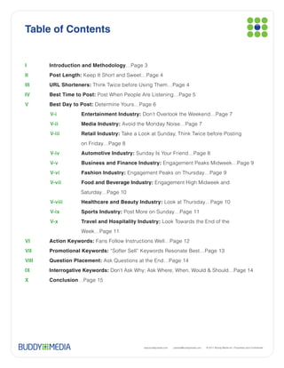 Table of Contents


I      Introduction and Methodology…Page 3
II     Post Length: Keep It Short and Sweet…Page 4
III    URL Shorteners: Think Twice before Using Them…Page 4
IV     Best Time to Post:
V      Best Day to Post: Determine Yours…Page 6
       V-i          Entertainment Industry:
       V-ii         Media Industry:
       V-iii        Retail Industry:
                    on Friday…Page 8
       V-iv         Automotive Industry: Sunday Is Your Friend…Page 8
       V-v          Business and Finance Industry: Engagement Peaks Midweek…Page 9
       V-vi         Fashion Industry: Engagement Peaks on Thursday…Page 9
       V-vii        Food and Beverage Industry: Engagement High Midweek and
                    Saturday…Page 10
       V-viii       Healthcare and Beauty Industry:
       V-ix         Sports Industry: Post More on Sunday…Page 11
       V-x          Travel and Hospitality Industry:
                    Week…Page 11
VI     Action Keywords:
VII    Promotional Keywords:
VIII   Question Placement:
IX     Interrogative Keywords:
X      Conclusion




                                              www.buddymedia.com   partner@buddymedia.com
 