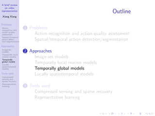 A brief review
on video
representation
Xiang Xiang
Problems
Action
recognition and
action quality
assessment
Spatial/temporal
action detec-
tion/segmentation
Approaches
Image-set
models
Temporally local
motion models
Temporally
global models
Locally
spatiotemporal
models
Tools used
Compressed
sensing and
sparse recovery
Representation
learning
Outline
1 Problems
Action recognition and action quality assessment
Spatial/temporal action detection/segmentation
2 Approaches
Image-set models
Temporally local motion models
Temporally global models
Locally spatiotemporal models
3 Tools used
Compressed sensing and sparse recovery
Representation learning
 