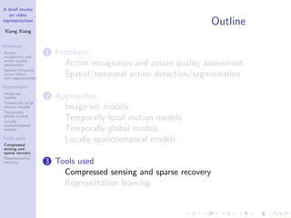 A brief review
on video
representation
Xiang Xiang
Problems
Action
recognition and
action quality
assessment
Spatial/temporal
action detec-
tion/segmentation
Approaches
Image-set
models
Temporally local
motion models
Temporally
global models
Locally
spatiotemporal
models
Tools used
Compressed
sensing and
sparse recovery
Representation
learning
Outline
1 Problems
Action recognition and action quality assessment
Spatial/temporal action detection/segmentation
2 Approaches
Image-set models
Temporally local motion models
Temporally global models
Locally spatiotemporal models
3 Tools used
Compressed sensing and sparse recovery
Representation learning
 