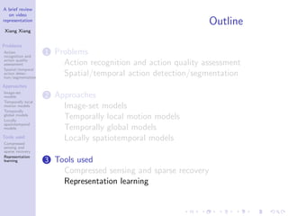 A brief review
on video
representation
Xiang Xiang
Problems
Action
recognition and
action quality
assessment
Spatial/temporal
action detec-
tion/segmentation
Approaches
Image-set
models
Temporally local
motion models
Temporally
global models
Locally
spatiotemporal
models
Tools used
Compressed
sensing and
sparse recovery
Representation
learning
Outline
1 Problems
Action recognition and action quality assessment
Spatial/temporal action detection/segmentation
2 Approaches
Image-set models
Temporally local motion models
Temporally global models
Locally spatiotemporal models
3 Tools used
Compressed sensing and sparse recovery
Representation learning
 