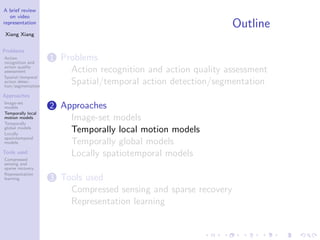 A brief review
on video
representation
Xiang Xiang
Problems
Action
recognition and
action quality
assessment
Spatial/temporal
action detec-
tion/segmentation
Approaches
Image-set
models
Temporally local
motion models
Temporally
global models
Locally
spatiotemporal
models
Tools used
Compressed
sensing and
sparse recovery
Representation
learning
Outline
1 Problems
Action recognition and action quality assessment
Spatial/temporal action detection/segmentation
2 Approaches
Image-set models
Temporally local motion models
Temporally global models
Locally spatiotemporal models
3 Tools used
Compressed sensing and sparse recovery
Representation learning
 
