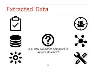 Extracted Data
21
e.g., how are clones distributed in
system structure?
 
