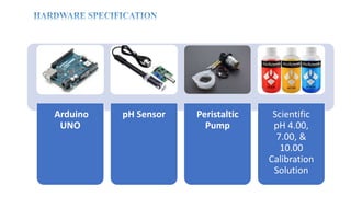 Arduino
UNO
pH Sensor Peristaltic
Pump
Scientific
pH 4.00,
7.00, &
10.00
Calibration
Solution
 