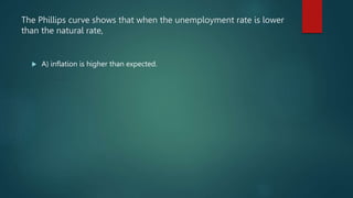 The Phillips curve shows that when the unemployment rate is lower
than the natural rate,
 A) inflation is higher than exp...