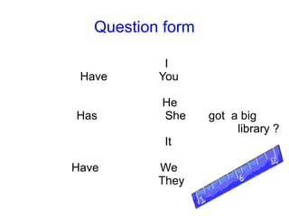 Question form I  Have  You  He Has  She  got  a big  library ? It Have  We  They 