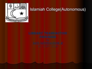 Islamiah College(Autonomous)

Library TransacTion
Processs
By

Md.Mudassir.K
B.C.a iiird Year

 