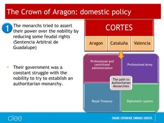 The Crown of Aragon: domestic policy
• The monarchs tried to assert
their power over the nobility by
reducing some feudal rights
(Sentencia Arbitral de
Guadalupe)
• Their government was a
constant struggle with the
nobility to try to establish an
authoritarian monarchy.
1
 