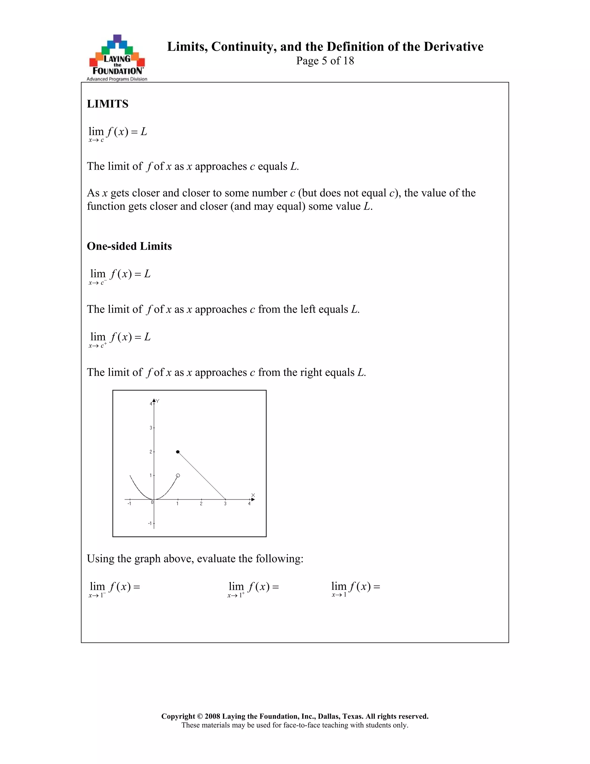 Copyright © 2008 Laying the Foundation, Inc., Dallas, Texas. All rights reserved.
These materials may be used for face-to-face teaching with students only.
Limits, Continuity, and the Definition of the Derivative
Page 5 of 18
LIMITS
lim ( )
x c
f x L
→
=
The limit of f of x as x approaches c equals L.
As x gets closer and closer to some number c (but does not equal c), the value of the
function gets closer and closer (and may equal) some value L.
One-sided Limits
lim ( )
x c
f x L−
→
=
The limit of f of x as x approaches c from the left equals L.
lim ( )
x c
f x L+
→
=
The limit of f of x as x approaches c from the right equals L.
Using the graph above, evaluate the following:
1
lim ( )
x
f x−
→
=
1
lim ( )
x
f x+
→
=
1
lim ( )
x
f x
→
=
 