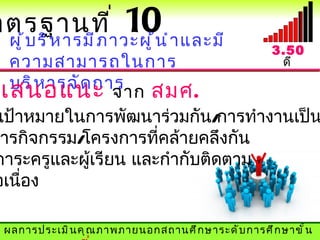 าตรฐานที ่            10น ำ า และมี
  ผู ้ บ ริ ห ารมี ภ าวะผู ้                          3.50
  ความสามารถในการ                                      ดี
  บริ ห ารจั ด การ
 เสนอแนะ จาก สมศ.
 เป้าหมายในการพัฒนาร่วมกัน/    การทำางานเป็น
การกิจกรรม/โครงการทีคล้ายคลึงกัน
                      ่
ภาระครูและผู้เรียน และกำากับติดตาม
อเนือง
     ่

 ผลการประเมิ น คุ ณ ภาพภายนอกสถานศึ ก ษาระดั บ การศึ ก ษาขั ้ น
 
