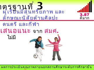 าตรฐานที ่              3ภาพ และ
 ผู ้ เ รี ย นมี ส ุ น ทรี ย                         3.87
 ลั ก ษณะนิ ส ั ย ด้ า นศิ ล ปะ                      ดี ม าก
 ดนตรี และกี ฬ า
เสนอแนะ จาก สมศ.
    ไม่มี




ผลการประเมิ น คุ ณ ภาพภายนอกสถานศึ ก ษาระดั บ การศึ ก ษาขั ้ น
 