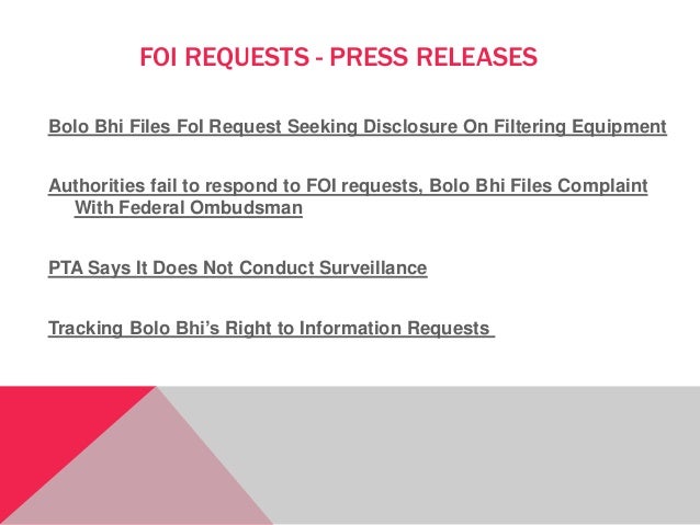 FOI REQUESTS - PRESS RELEASES
Bolo Bhi Files FoI Request Seeking Disclosure On Filtering Equipment
Authorities fail to res...