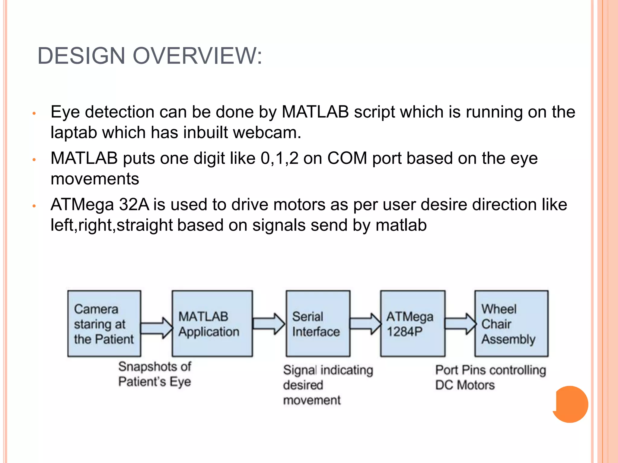 DESIGN OVERVIEW:
• Eye detection can be done by MATLAB script which is running on the
laptab which has inbuilt webcam.
• MATLAB puts one digit like 0,1,2 on COM port based on the eye
movements
• ATMega 32A is used to drive motors as per user desire direction like
left,right,straight based on signals send by matlab
 