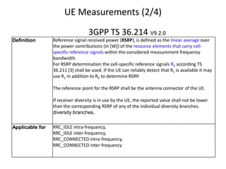 UE Measurements (2/4)
Definition Reference signal received power (RSRP), is defined as the linear average over
the power contributions (in [W]) of the resource elements that carry cell-
specific reference signals within the considered measurement frequency
bandwidth.
For RSRP determination the cell-specific reference signals R0 according TS
36.211 [3] shall be used. If the UE can reliably detect that R1 is available it may
use R1 in addition to R0 to determine RSRP.
The reference point for the RSRP shall be the antenna connector of the UE.
If receiver diversity is in use by the UE, the reported value shall not be lower
than the corresponding RSRP of any of the individual diversity branches.
diversity branches.
Applicable for RRC_IDLE intra-frequency,
RRC_IDLE inter-frequency,
RRC_CONNECTED intra-frequency,
RRC_CONNECTED inter-frequency
3GPP TS 36.214 V9.2.0
 