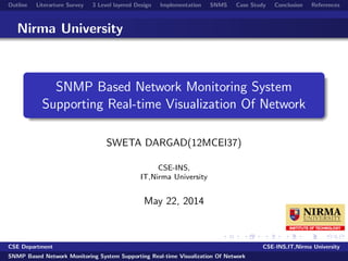 Outline Literarture Survey 3 Level layered Design Implementation SNMS Case Study Conclusion References
Nirma University
SNMP Based Network Monitoring System
Supporting Real-time Visualization Of Network
SWETA DARGAD(12MCEI37)
CSE-INS,
IT,Nirma University
May 22, 2014
CSE Department CSE-INS,IT,Nirma University
SNMP Based Network Monitoring System Supporting Real-time Visualization Of Network
 