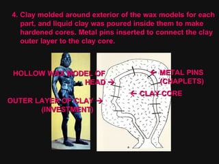 4. Clay molded around exterior of the wax models for each  part, and liquid clay was poured inside them to make  hardened cores. Metal pins inserted to connect the clay outer layer to the clay core. OUTER LAYER OF CLAY   (INVESTMENT)  HOLLOW WAX MODEL OF  HEAD      CLAY CORE     METAL PINS  (CHAPLETS)  