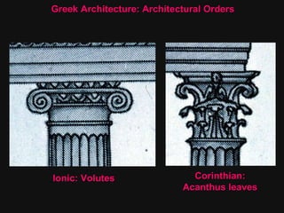 Ionic: Volutes Corinthian: Acanthus leaves Greek Architecture: Architectural Orders 