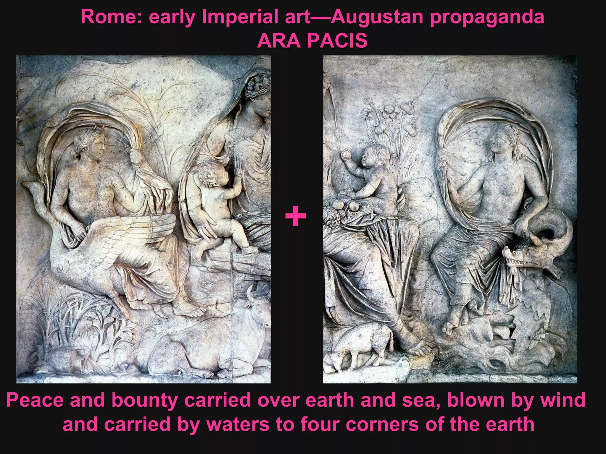 Peace and bounty carried over earth and sea, blown by wind  and carried by waters to four corners of the earth + Rome: early Imperial art—Augustan propaganda ARA PACIS 