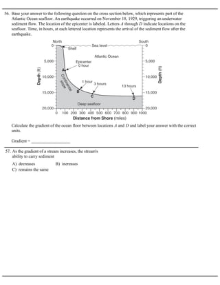 56. Base your answer to the following question on the cross section below, which represents part of the
Atlantic Ocean seafloor. An earthquake occurred on November 18, 1929, triggering an underwater
sediment flow. The location of the epicenter is labeled. Letters A through D indicate locations on the
seafloor. Time, in hours, at each lettered location represents the arrival of the sediment flow after the
earthquake.
Calculate the gradient of the ocean floor between locations A and D and label your answer with the correct
units.
Gradient = __________________
A) decreases B) increases
C) remains the same
57. As the gradient of a stream increases, the stream's
ability to carry sediment
 