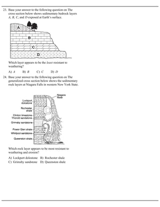 23. Base your answer to the following question on The
cross section below shows sedimentary bedrock layers
A, B, C, and D exposed at Earth’s surface.
A) A B) B C) C D) D
Which layer appears to be the least resistant to
weathering?
24. Base your answer to the following question on The
generalized cross section below shows the sedimentary
rock layers at Niagara Falls in western New York State.
A) Lockport dolostone B) Rochester shale
C) Grimsby sandstone D) Queenston shale
Which rock layer appears to be most resistant to
weathering and erosion?
 