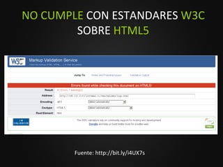NO CUMPLE  CON ESTANDARES  W3C  SOBRE  HTML5 Fuente: http://bit.ly/i4UX7s 