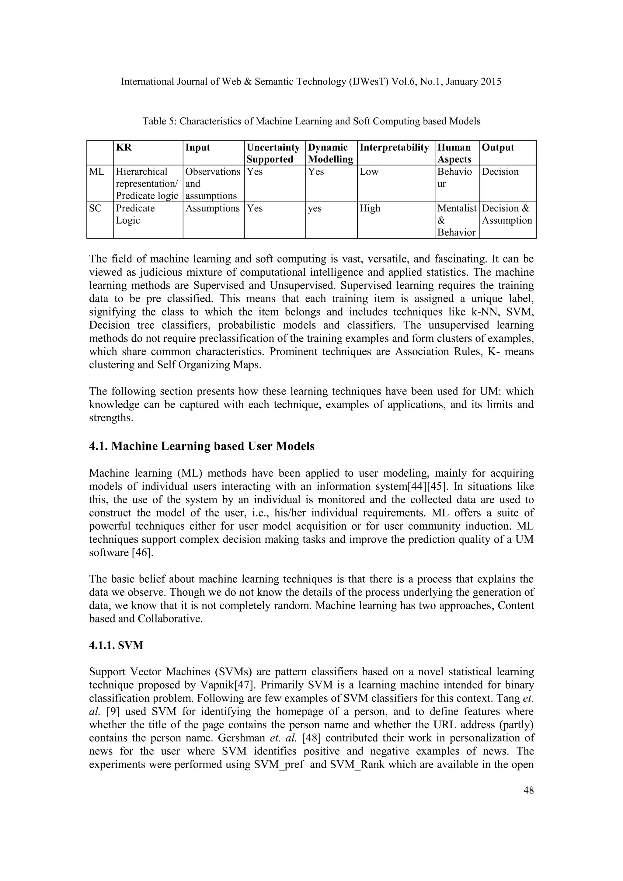 International Journal of Web & Semantic Technology (IJWesT) Vol.6, No.1, January 2015 48 Table 5: Characteristics of Machine Learning and Soft Computing based Models KR Input Uncertainty Supported Dynamic Modelling Interpretability Human Aspects Output ML Hierarchical representation/ Predicate logic Observations and assumptions Yes Yes Low Behavio ur Decision SC Predicate Logic Assumptions Yes yes High Mentalist & Behavior Decision & Assumption The field of machine learning and soft computing is vast, versatile, and fascinating. It can be viewed as judicious mixture of computational intelligence and applied statistics. The machine learning methods are Supervised and Unsupervised. Supervised learning requires the training data to be pre classified. This means that each training item is assigned a unique label, signifying the class to which the item belongs and includes techniques like k-NN, SVM, Decision tree classifiers, probabilistic models and classifiers. The unsupervised learning methods do not require preclassification of the training examples and form clusters of examples, which share common characteristics. Prominent techniques are Association Rules, K- means clustering and Self Organizing Maps. The following section presents how these learning techniques have been used for UM: which knowledge can be captured with each technique, examples of applications, and its limits and strengths. 4.1. Machine Learning based User Models Machine learning (ML) methods have been applied to user modeling, mainly for acquiring models of individual users interacting with an information system[44][45]. In situations like this, the use of the system by an individual is monitored and the collected data are used to construct the model of the user, i.e., his/her individual requirements. ML offers a suite of powerful techniques either for user model acquisition or for user community induction. ML techniques support complex decision making tasks and improve the prediction quality of a UM software [46]. The basic belief about machine learning techniques is that there is a process that explains the data we observe. Though we do not know the details of the process underlying the generation of data, we know that it is not completely random. Machine learning has two approaches, Content based and Collaborative. 4.1.1. SVM Support Vector Machines (SVMs) are pattern classifiers based on a novel statistical learning technique proposed by Vapnik[47]. Primarily SVM is a learning machine intended for binary classification problem. Following are few examples of SVM classifiers for this context. Tang et. al. [9] used SVM for identifying the homepage of a person, and to define features where whether the title of the page contains the person name and whether the URL address (partly) contains the person name. Gershman et. al. [48] contributed their work in personalization of news for the user where SVM identifies positive and negative examples of news. The experiments were performed using SVM_pref and SVM_Rank which are available in the open 