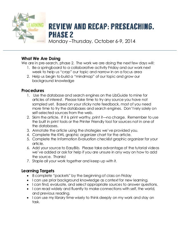 Monday –Thursday, October 6-9, 2014 
What We Are Doing 
We are in pre-search, phase 2. The work we are doing the next few ...