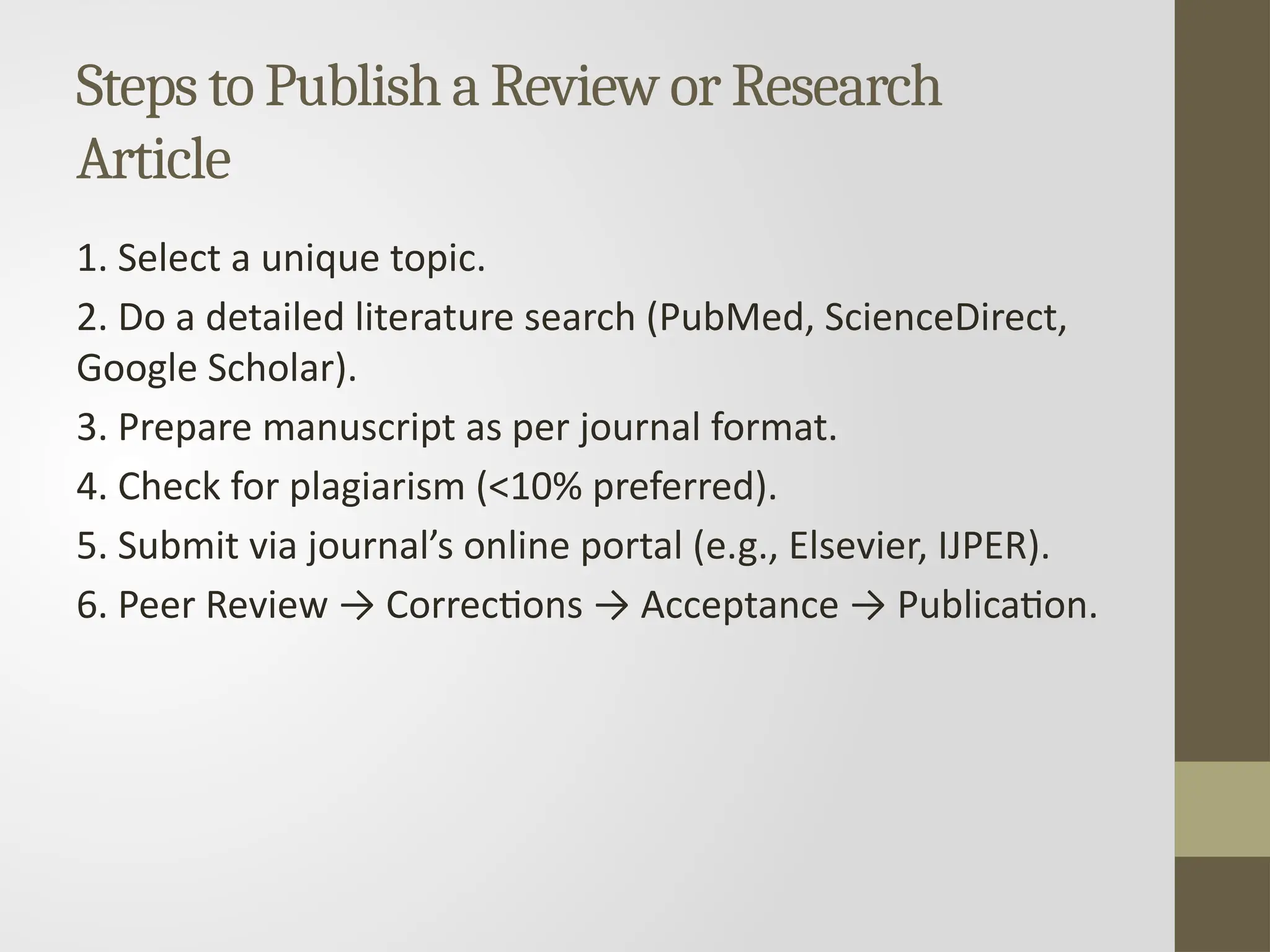 Steps to Publish a Review or Research
Article
1. Select a unique topic.
2. Do a detailed literature search (PubMed, ScienceDirect,
Google Scholar).
3. Prepare manuscript as per journal format.
4. Check for plagiarism (<10% preferred).
5. Submit via journal’s online portal (e.g., Elsevier, IJPER).
6. Peer Review → Corrections → Acceptance → Publication.
 