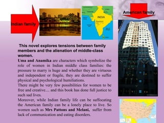 This novel explores tensions between family members and the alienation of middle-class women.   Uma and Anamika  are characters which symbolize the role of women in Indian middle class families: the pressure to marry is huge and whether they are virtuous and independent or fragile, they are destined to suffer physical and psychological humiliations. There might be very few possibilities for women to be free and creative.... and this book has done full justice to such sad lives.  Moreover, while Indian family life can be suffocating the American family can be a lonely place to live. So women such as  Mrs Pattons and Melani,   suffer from lack of communication and eating disorders. American family Indian family 