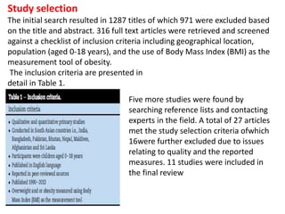 Study selection
The initial search resulted in 1287 titles of which 971 were excluded based
on the title and abstract. 316 full text articles were retrieved and screened
against a checklist of inclusion criteria including geographical location,
population (aged 0-18 years), and the use of Body Mass Index (BMI) as the
measurement tool of obesity.
The inclusion criteria are presented in
detail in Table 1.
.
Five more studies were found by
searching reference lists and contacting
experts in the field. A total of 27 articles
met the study selection criteria ofwhich
16were further excluded due to issues
relating to quality and the reported
measures. 11 studies were included in
the final review
 