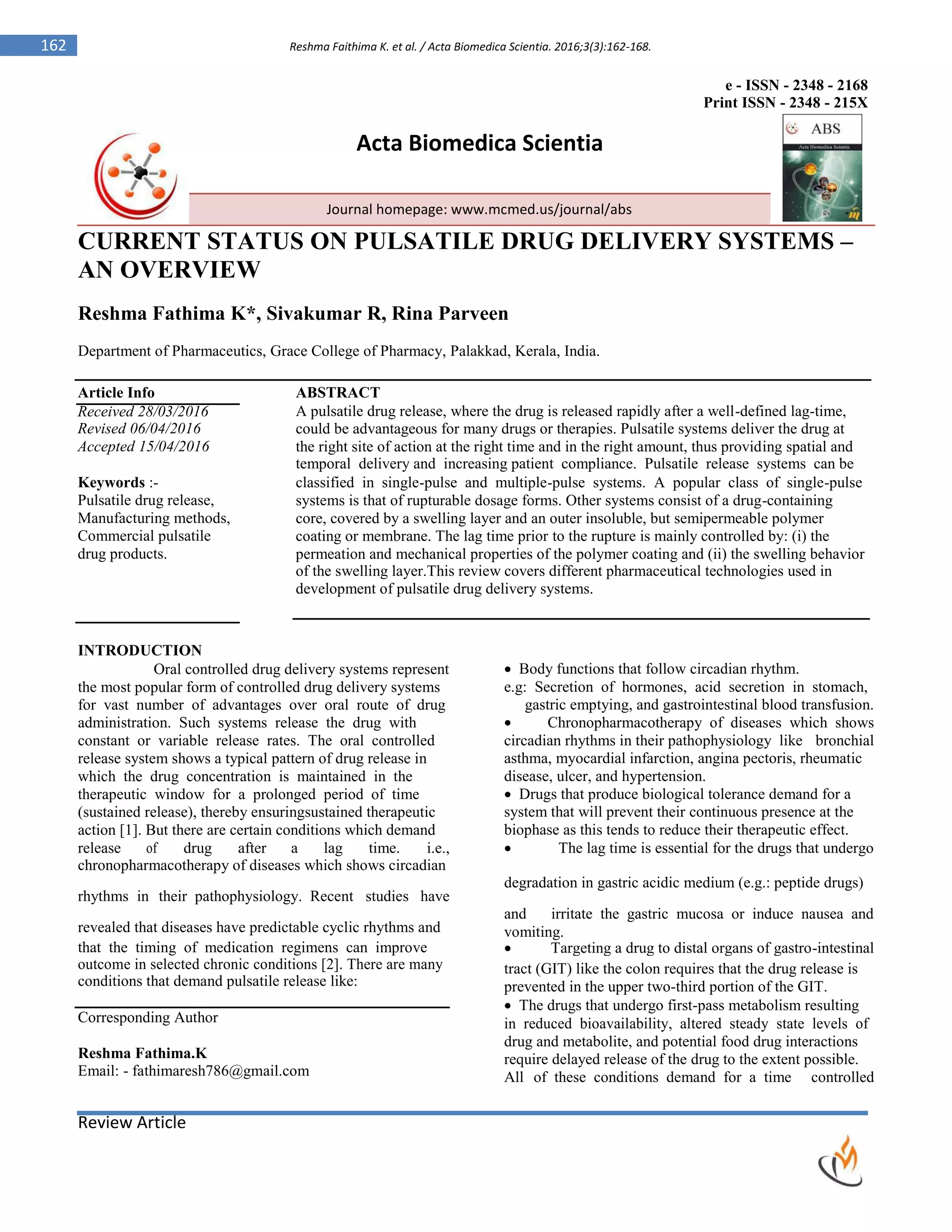 CURRENT STATUS ON PULSATILE DRUG DELIVERY SYSTEMS- AN OVERVIEW | PDF