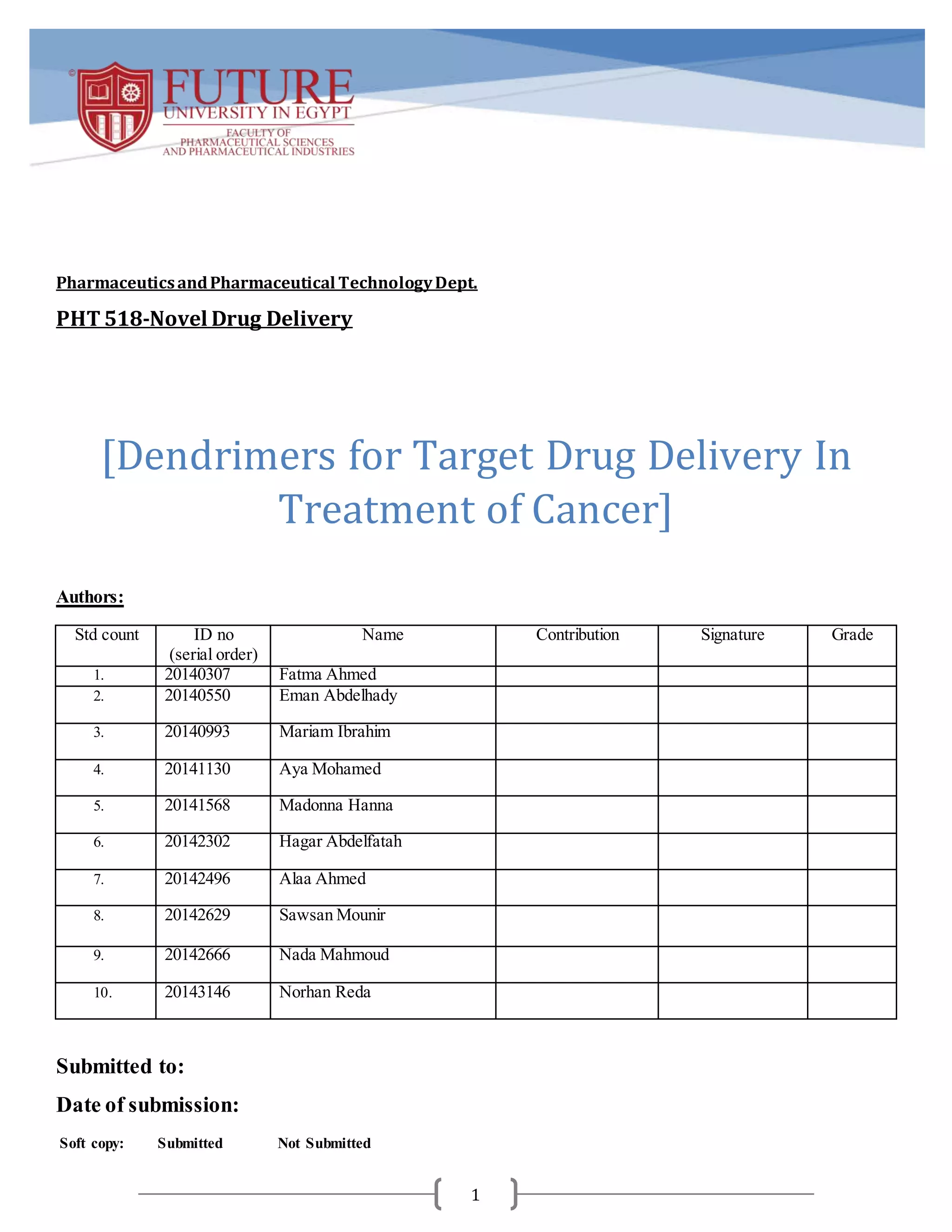 Dendrimers for Target Drug Delivery In Treatment of Cancer | DOCX