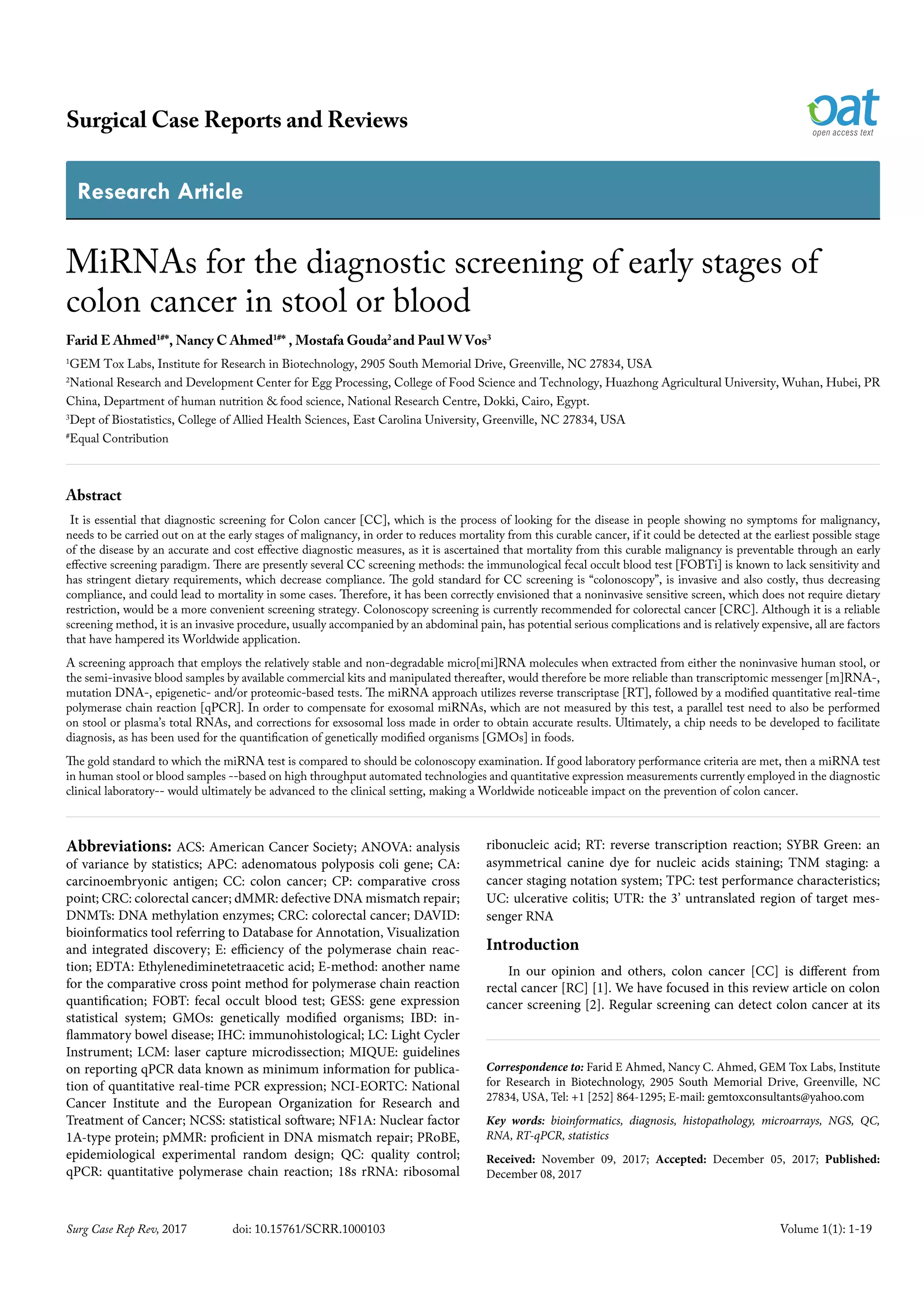 MiRNAs for the diagnostic screening of early stages of colon cancer in ...