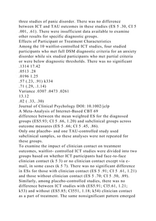 three studies of panic disorder. There was no difference
between ICT and TAU outcomes in these studies (ES 5 .30, CI 5
.001, .61). There were insufficient data available to examine
other results for specific diagnostic groups.
Effects of Participant or Treatment Characteristics
Among the 10 waitlist-controlled ICT studies, four studied
participants who met full DSM diagnostic criteria for an anxiety
disorder while six studied participants who met partial criteria
or were below diagnostic thresholds. There was no significant
.1314 17.42
.0513 .28
.0196 1.25
.57 (.23, .91) k334
.71 (.29, .1.14)
Variance .0307 .0473 .0261
13.12
.02 ( .33, .30)
Journal of Clinical Psychology DOI: 10.1002/jclp
A Meta-Analysis of Internet-Based CBT 69
difference between the mean weighted ES for the diagnosed
groups (ES5.93; CI 5 .66, 1.20) and subclinical groups across
outcome measures (ES 5 .66; CI 5 .45, .86).
Only one placebo- and one TAU-controlled study used
subclinical samples, so these analyses were not repeated for
these groups.
To examine the impact of clinician contact on treatment
outcomes, waitlist- controlled ICT studies were divided into two
groups based on whether ICT participants had face-to-face
clinician contact (k 5 3) or no clinician contact except via e-
mail, in some cases (k 5 7). There was no significant difference
in ESs for those with clinician contact (ES 5 .91; CI 5 .61, 1.21)
and those without clinician contact (ES 5 .70; CI 5 .50, .89).
Similarly, among placebo-controlled studies, there was no
difference between ICT studies with (ES5.91; CI5.61, 1.21;
k53) and without (ES5.85; CI551, 1.18; k54) clinician contact
as a part of treatment. The same nonsignificant pattern emerged
 
