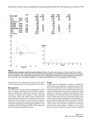 Scandinavian Journal of Trauma, Resuscitation and Emergency Medicine 2009, 17:40 http://www.sjtrem.com/content/17/1/40




Figure 1
Lung function testing in a girl with severe asthma
Lung function testing in a girl with severe asthma. Results of lung function testing of a 13 year old girl with a severe
asthma exacerbation. Spirometry taken during the first day of hospitalisation measured before (blue line) and 15 minutes after
(red line) inhalation with a nebulised β2-agonist (Salbutamol 1.0 mg/10 kg). Results demonstrate severely decreased lung func-
tion, and further poor reversibility probably due to long standing inflammation and downregulation of β2-receptors.


normalisation and a subsequent increase in the pCO2              Oxygen
may be important indicators of clinical deterioration [10].      Oxygen must be considered as a drug in a situation of
                                                                 acute asthma, reducing hypoxic pulmonary vasoconstric-
Management                                                       tion and interfering with the ventilation-perfusion mis-
The cornerstones of acute asthma management in child-            match characteristic for severe bronchoconstriction [30].
hood are oxygen, inhalation of bronchodilators and sys-          Oxygen should be delivered to achieve satisfactory oxygen
temic corticosteroids. Additional treatment should be            saturation in obstructive children with suspected or veri-
included as required. Acute asthma is often associated           fied hypoxia. No controlled studies have evaluated which
with anxiety, which may further increase dyspnoea and            level of oxygen saturation that is adequate during an acute
bronchopulmonary obstruction. Reassurance is therefore           asthma attack, but recent guidelines recommend that oxy-
important, both directly but also indirectly through the         gen saturation in children should be kept above 95% [26].
parents. The clinical value of painful procedures must be        Oxygen may be delivered by a face mask or by nasal can-
considered against their possible aggravating effects. Once      nulae, and the dose should be adjusted by continuous
established, an indwelling arterial line vastly reduces the      monitoring by pulse oxymetry. Oxygen at a rate of 6-8
need for subsequent painful procedures.                          litres per minute should be used to deliver nebulised



                                                                                                                     Page 4 of 11
                                                                                               (page number not for citation purposes)
 