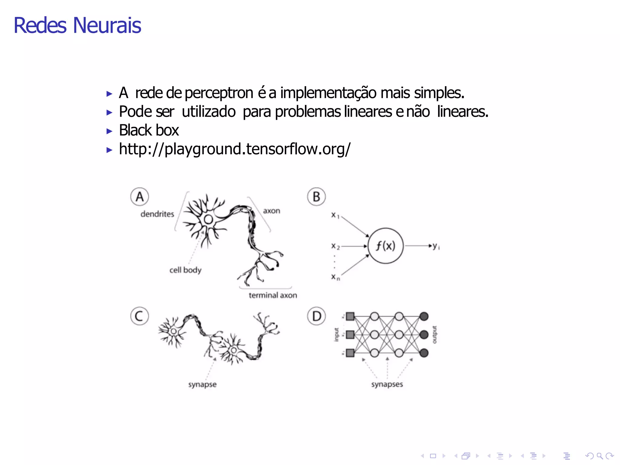 Redes Neurais
▶ A rede de perceptron é a implementação mais simples.
▶ Pode ser utilizado para problemas lineares enão lineares.
▶ Black box
▶ http://playground.tensorflow.org/
 