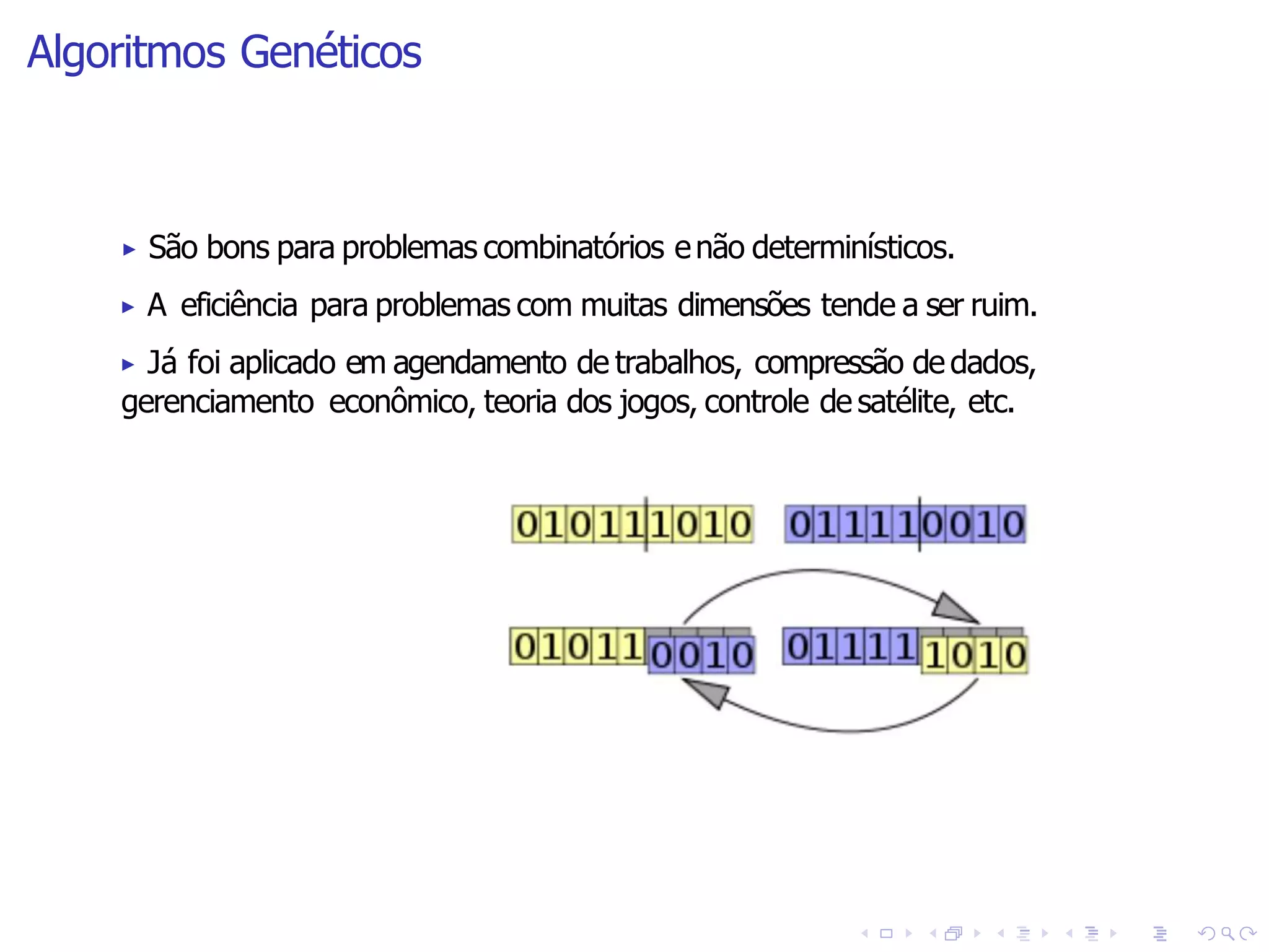 Algoritmos Genéticos
▶ São bons para problemas combinatórios enão determinísticos.
▶ A eficiência para problemas com muitas dimensões tende a ser ruim.
▶ Já foi aplicado em agendamento de trabalhos, compressão de dados,
gerenciamento econômico, teoria dos jogos, controle de satélite, etc.
 