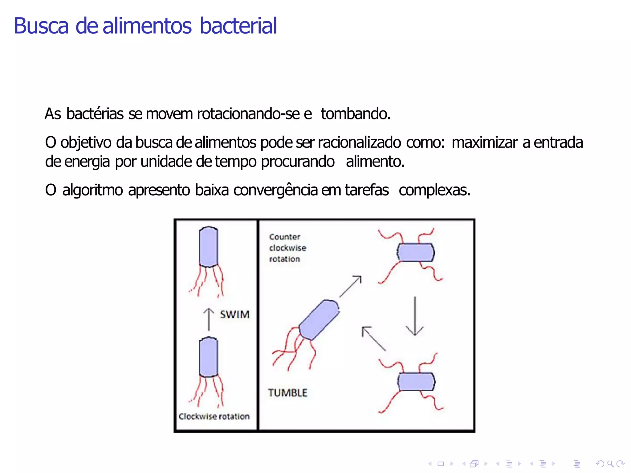 Busca de alimentos bacterial
As bactérias se movem rotacionando-se e tombando.
O objetivo da busca de alimentos pode ser racionalizado como: maximizar a entrada
de energia por unidade de tempo procurando alimento.
O algoritmo apresento baixa convergência em tarefas complexas.
 