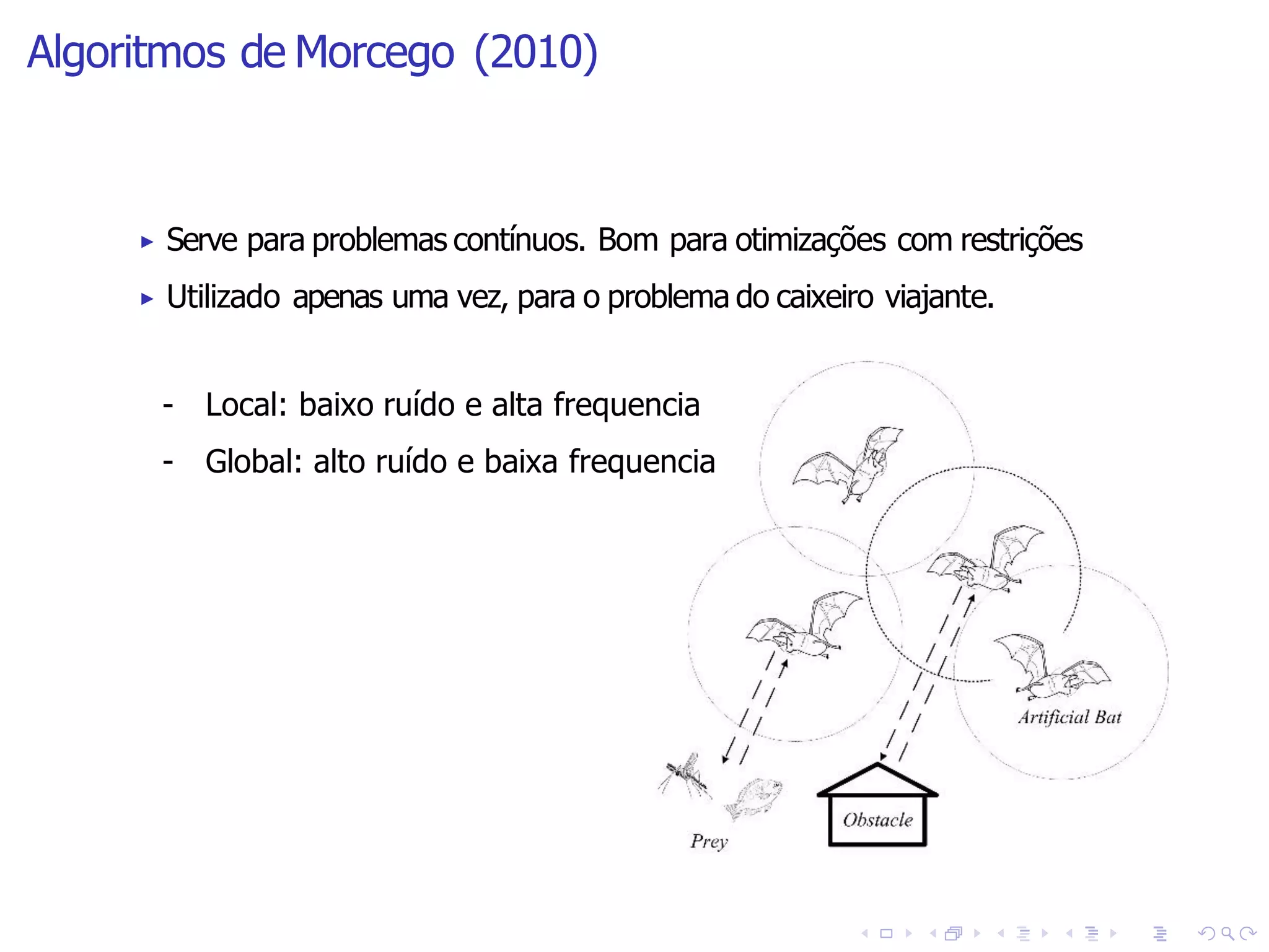 Algoritmos de Morcego (2010)
▶ Serve para problemas contínuos. Bom para otimizações com restrições
▶ Utilizado apenas uma vez, para o problema do caixeiro viajante.
- Local: baixo ruído e alta frequencia
- Global: alto ruído e baixa frequencia
 