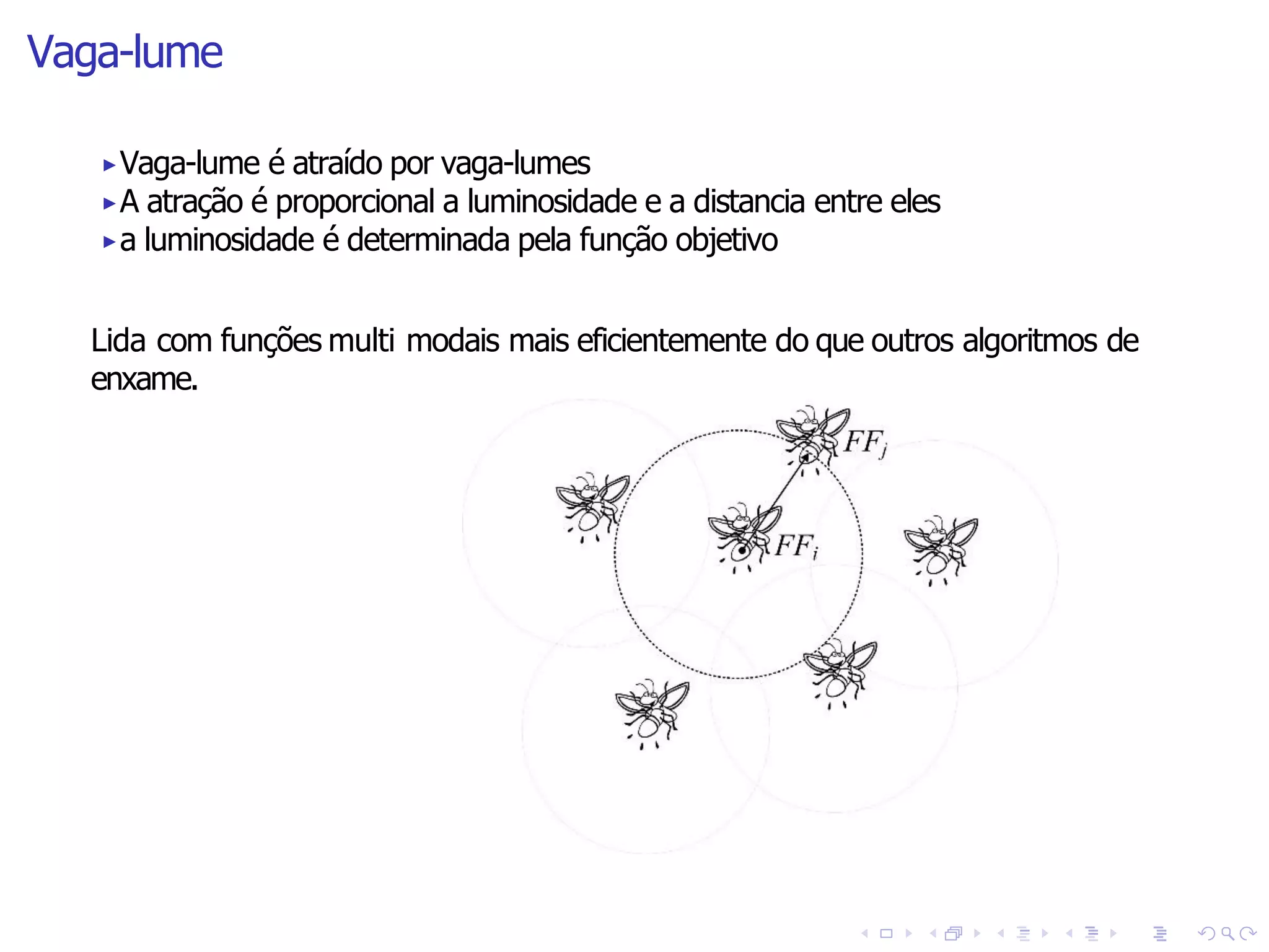 Vaga-lume
Lida com funções multi modais mais eficientemente do que outros algoritmos de
enxame.
▶Vaga-lume é atraído por vaga-lumes
▶A atração é proporcional a luminosidade e a distancia entre eles
▶a luminosidade é determinada pela função objetivo
 