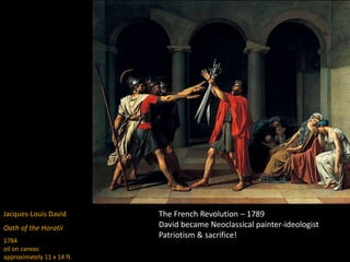 Jacques-Louis David
Oath of the Horatii
1784
oil on canvas
approximately 11 x 14 ft.
The French Revolution – 1789
David became Neoclassical painter-ideologist
Patriotism & sacrifice!
 