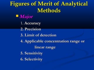 Figures of Merit of AnalyticalFigures of Merit of Analytical
MethodsMethods
 MajorMajor
1.1. AccuracyAccuracy
2. Precision2. Precision
3. Limit of detection3. Limit of detection
4. Applicable concentration range or4. Applicable concentration range or
linear rangelinear range
5. Sensitivity5. Sensitivity
6. Selectivity6. Selectivity
 