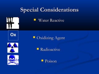 Special ConsiderationsSpecial Considerations
 Water ReactiveWater Reactive
 Oxidizing AgentOxidizing Agent
 RadioactiveRadioactive
 PoisonPoison
Ox
 