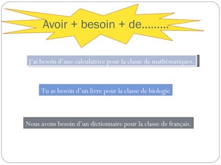 Avoir + besoin + de……… J’ai besoin d’une calculatrice pour la classe de mathématiques. Tu as besoin d’un livre pour la classe de biologie Nous avons besoin d’un dictionnaire pour la classe de français. 