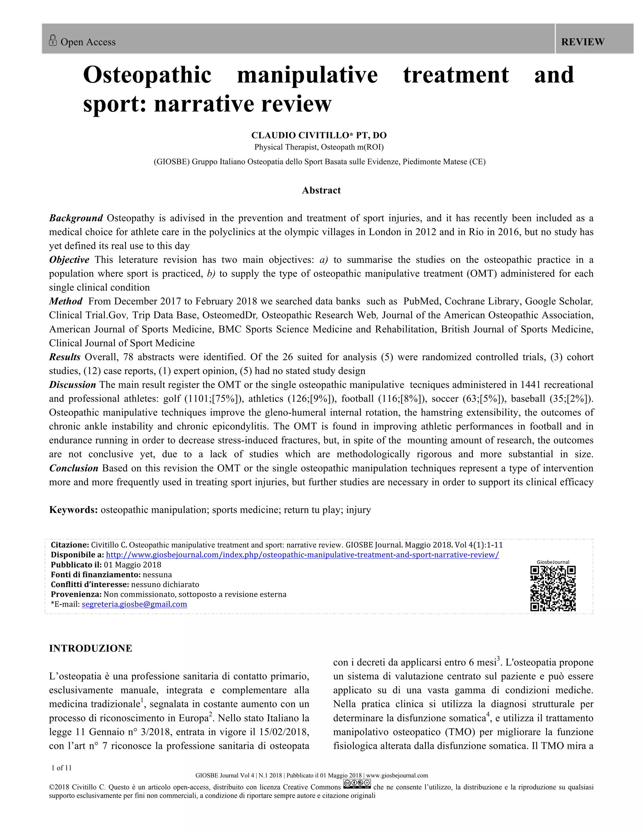 Osteopathic manipulative treatment and sport: narrative review | PDF