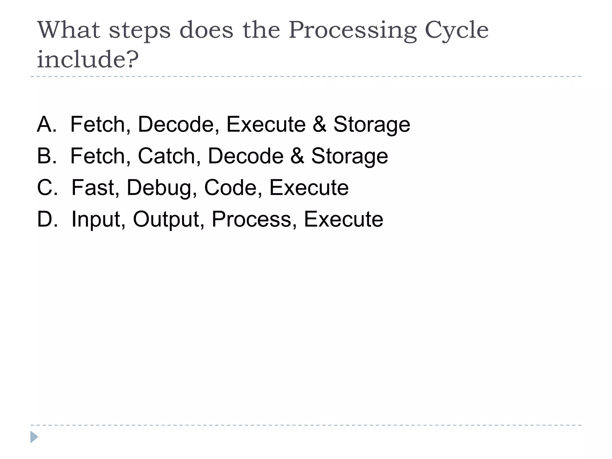 What steps does the Processing Cycle
include?

A.   Fetch, Decode, Execute & Storage
B.   Fetch, Catch, Decode & Storage
C.   Fast, Debug, Code, Execute
D.   Input, Output, Process, Execute
 