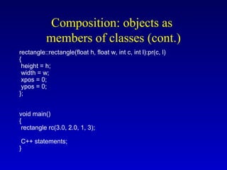 Composition: objects as
members of classes (cont.)
rectangle::rectangle(float h, float w, int c, int l):pr(c, l)
{
height = h;
width = w;
xpos = 0;
ypos = 0;
};
void main()
{
rectangle rc(3.0, 2.0, 1, 3);
C++ statements;
}
 